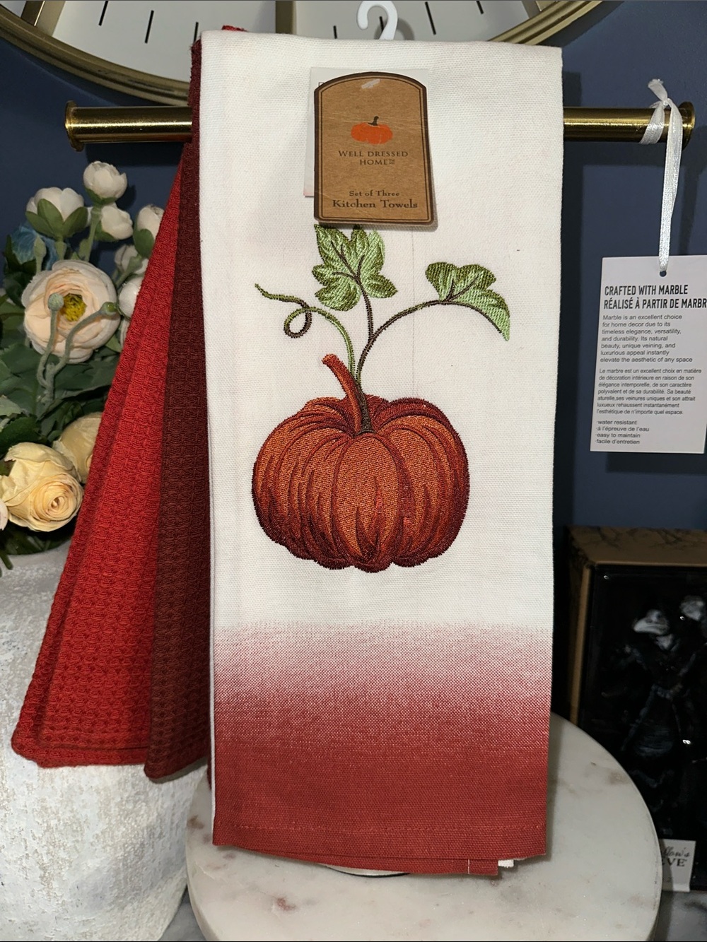 Pumpkin Embroidered Kitchen Towel - Rust/White set of 3